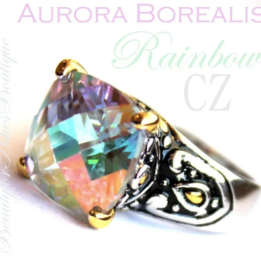 Womens Two Tone Gods Fire Throne Room Aurora Borealis AB Rainbow Ice CZ Ring 8